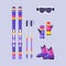 Pairs of skis, poles, boots, gloves, mask, winter sport elements