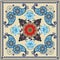 Paisley floral pattern in russian style. Medallion with red poppy and light blue flowers. Winter design.