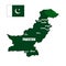 Pakistan country green flag vector map with major cities  on isolated white background and pin for travel, Asia, and geography con