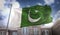 Pakistan Flag 3D Rendering on Blue Sky Building Background