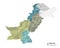 Pakistan higt detailed map with subdivisions. Administrative map of Pakistan with districts and cities name, colored by states and