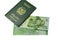 Pakistan new 75 rupees emerald green color banknote with a Pakistani green passport on white isolated background