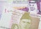 A Pakistani rupee note with a five Saudi riyal bank note