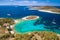 Pakleni otoci Marinkovac island turquoise bay yachting destination aerial view, Hvar island