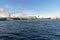 Palace Bridge and Vasilyevsky island Spit Strelka with Rostral columns. Saint Petersburg, Russia