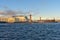 Palace Bridge and Vasilyevsky island Spit Strelka with Rostral columns. Saint Petersburg, Russia