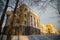 Palace with columns in the farmstead in winter Sunny day