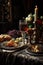 a palace feasting table with several foods and drinks. wine, bread, fruits, meat, candle.