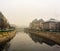 Palace of Justice building Palatul Justitiei early in the morning. View over Dambovita river in Bucharest, Romania, 2020