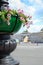 Palace Square, view of Arch of General Staff Building and decorative vase with flowers, St. Petersburg