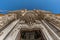 Palacio de San Telmo palace. Wide angle lower view of Balcony ornaments and facade detail.