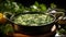 Palak Paneer Spanish with White Cream Sauce in Bowl or Karhai on Blurry Background