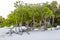 Palapa thatched roofs palms parasols sun loungers beach resort Mexico