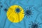 Palau flag. Blue viral cells, pandemic influenza virus epidemic infection, coronavirus, infection concept. 3d-rendering