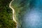 Palawan, Philippines, El Nido. Aerial drone above view of a secluded deserted tropical beach with local traditional