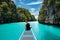 Palawan, Philippines, Young Traveller Sitting on Boat Deck Exploring Big Lagoon in El Nido