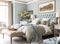 Pale blue bedroom decor, interior design and holiday rental, bed with elegant bedding and furniture, English country house and
