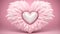 Pale pink heart decorated with pale pink feathers on a pink background