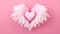 Pale pink heart decorated with white feathers on a pink background