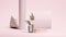 Pale pink round podium display near geometric vase with flower, matt glass and stone on pastel pink background. Minimal