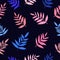 Pale pink, terracotta, blue and bright violet branch with leaves on black background. Seamless season floral pattern.