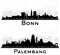 Palembang Indonesia and Bonn Germany City Skyline Silhouette with Black Buildings Isolated on White