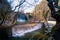 Paleokarya old stone arched bridge between two waterfalls. Trikala prefecture, Greece