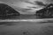 Paleokastritsa beach with Kolyviri island background on a rainy day