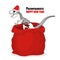 Paleontologists new year. Dinosaur skeleton in red sack Santa Cl