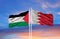 Palestine and Bahrain flag waving in the wind against white cloudy blue sky together. Diplomacy concept, international relations.