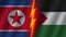 Palestine and North Korea Flags Together, Fabric Texture, Thunder Icon, 3D Illustration