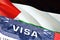 Palestine Visa Document, with Palestine flag in background. Palestine flag with Close up text VISA on USA visa stamp in passport,