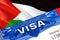 Palestine Visa in passport. USA immigration Visa for Palestine citizens focusing on word VISA. Travel Palestine visa in national