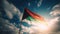 a Palestinian flag on the blue sky