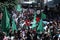Palestinian Hamas supporters take part protest against Israel`s plan to annex parts of the occupied West Bank, in Khan Yunis in th