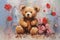 palette knife textured painting teddy bear with flowers and hearts in fluffy paws