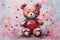 palette knife textured painting teddy bear with flowers and hearts in fluffy paws