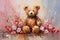 palette knife textured painting teddy bear with flowers and hearts in fluffy paws