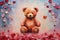 palette knife textured painting teddy bear with flowers and hearts in fluffy paws