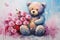 palette knife textured painting teddy bear with flowers and hearts in fluffy paws