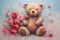 palette knife textured painting teddy bear with flowers and hearts in fluffy paws