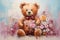 palette knife textured painting teddy bear with flowers and hearts in fluffy paws