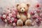 palette knife textured painting teddy bear with flowers and hearts in fluffy paws