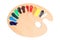 Palette with paints on background, top view. Artist equipment