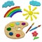 Palette with paints and brushes for painting. Rainbow, sun and clouds in the style of plasticine. Children`s drawings isolated on