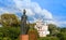 Pallas Athena. Detail of sculpture monument to russian poet Konstantin Batyushkov, Vologda, Rus