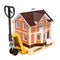 Pallet jack with house. Residential Moving concept, 3D rendering