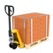 Pallet truck with stack of bricks, 3D rendering