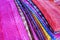 Pallet of vivid and colorful Indian Sari, India textile, selective focus