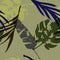 Palm, Banana Leaves Vector Seamless Pattern, Brown Green Khaki Exotic Floral Print. Watercolor